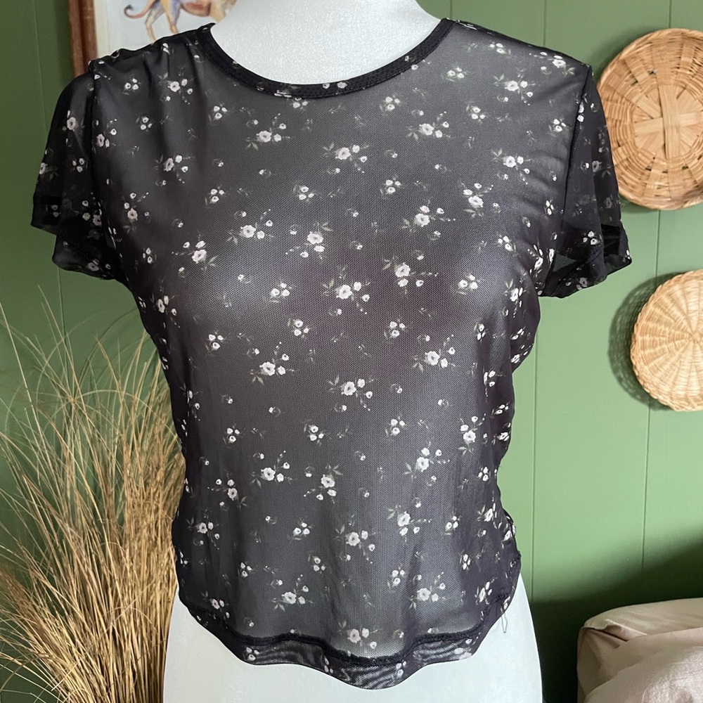 Semi Sheer Dark Blue Back Floral Crop Mesh Cap Sleeve Top Blouse Size Large